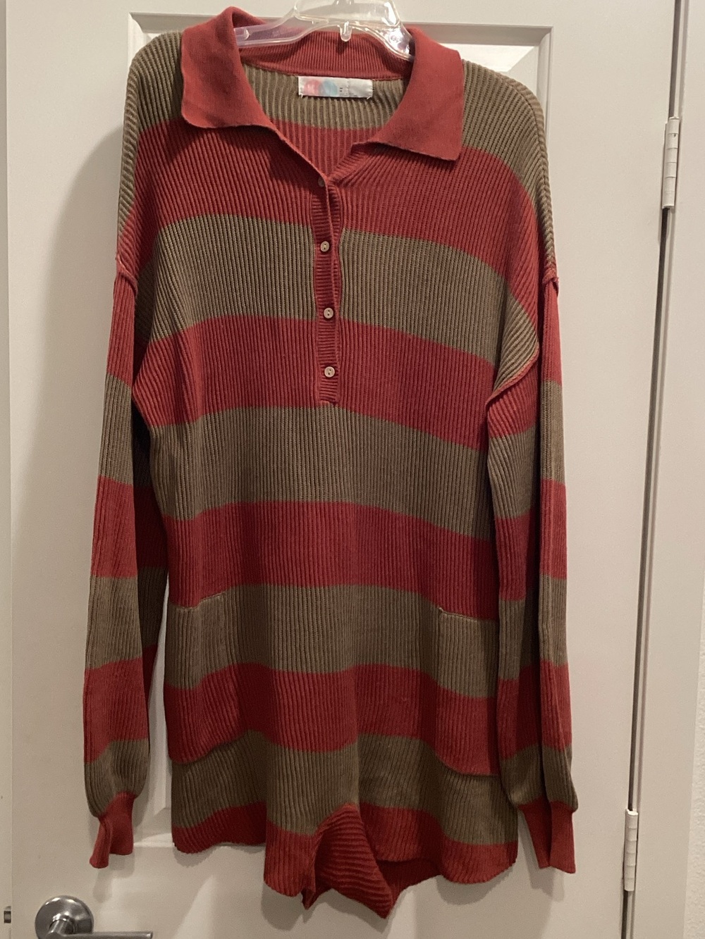 Women's Striped Polo Jumpsuit - Rust and Olive